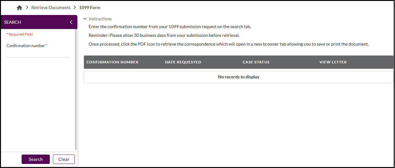 Pantalla de solicitud 1099