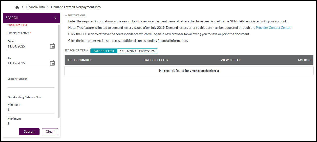 Pantalla de búsqueda de Carta de Demanda / Sobrepago