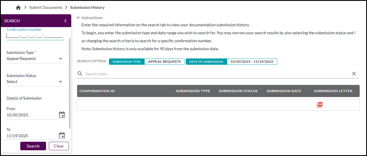 Pantalla de Historial de envíos