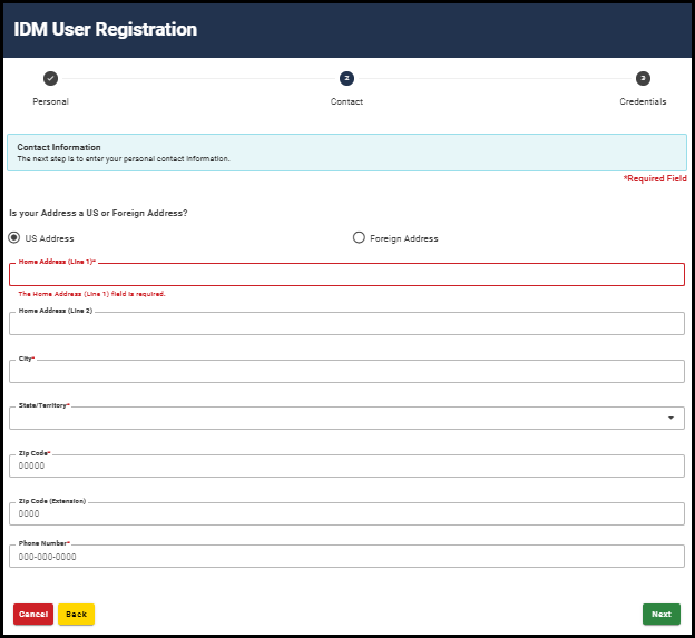 IDM registration address screen