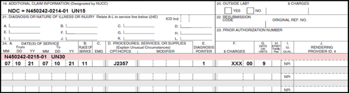 Image of 1500 claim form to report two NDC numbers in item 24.