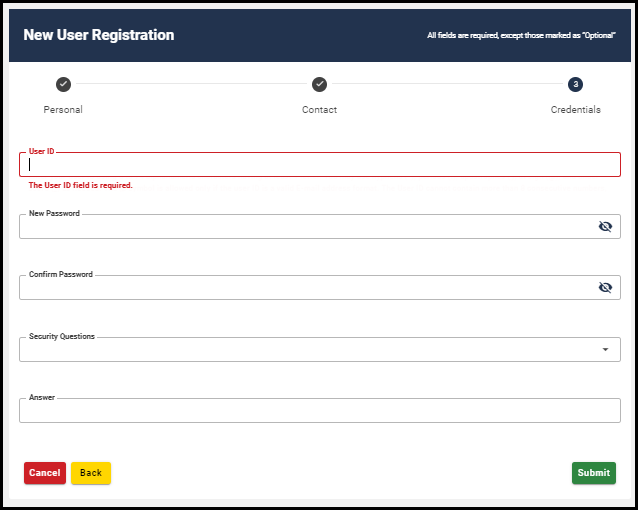 Pantalla 3 de registro de usuario nuevo